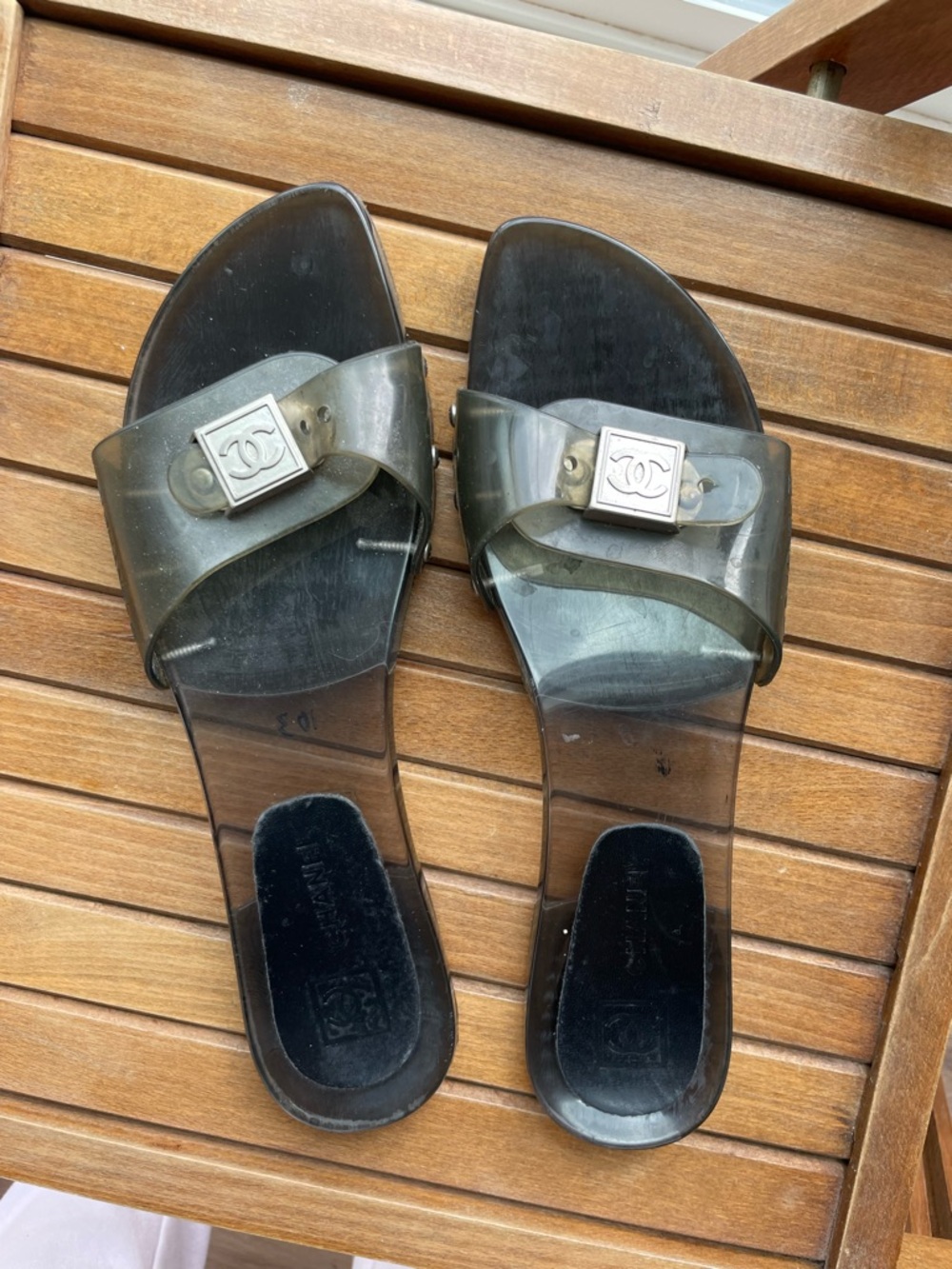 CHANEL Smoky Black Clear CC Logo Jelly Slide Sandals